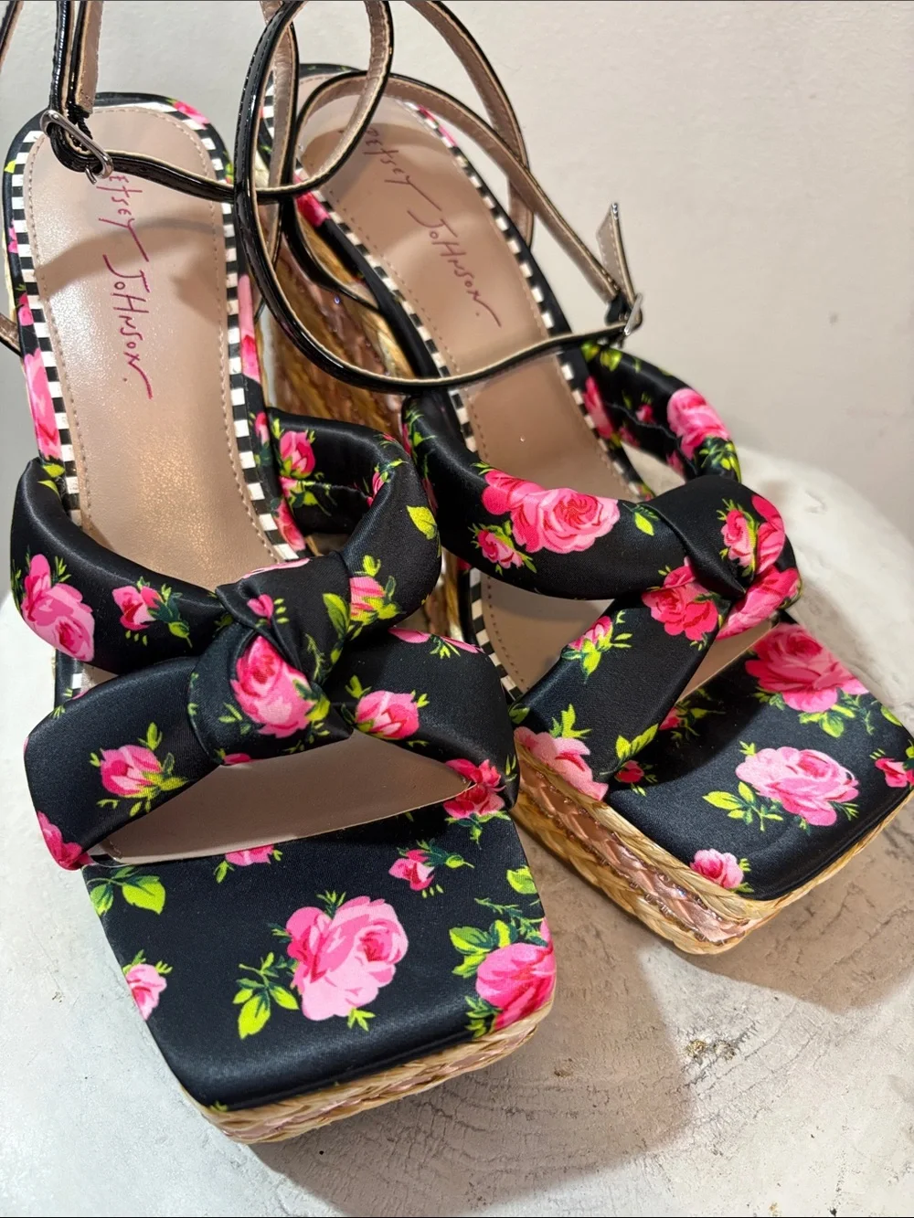 Betsey Johnson Rhinestone Bedazzled Floral “Pansie” Braided Raffia Wedge Sandals